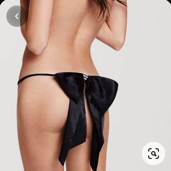 Victoria's Secret Limited Edition Big Black Satin Bow Crystal Thong